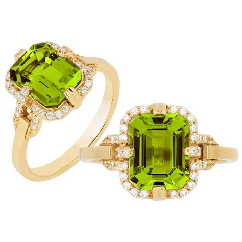 Peridot Emerald Cut Ring with Diamonds For Sale at 1stdibs