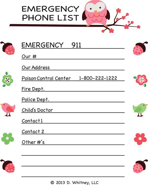 Printable Emergency Phone Numbers List Template