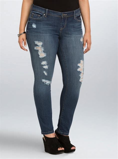 Plus Size - Torrid Premium Stretch Luxe Skinny Jeans - Medium Wash with Destruction (Regular ...