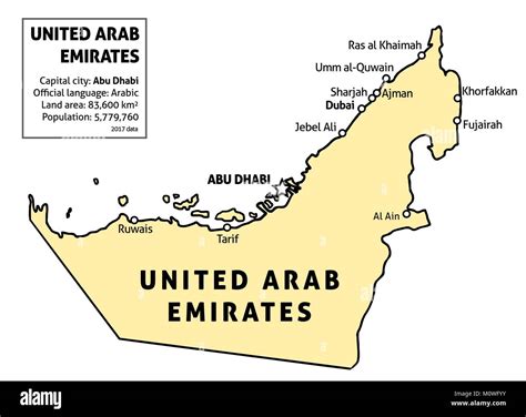 United Arab Emirates (UAE) map. Outline vector country map with main cities and data table Stock ...