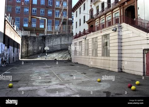 A vacant outdoor basketball court in Chinatown San Francisco California ...