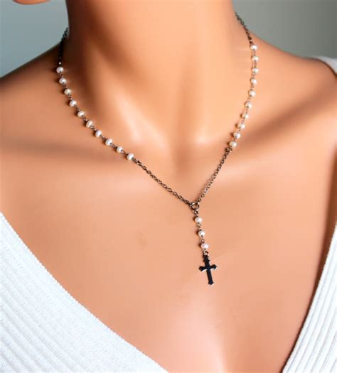 Black Rosary Necklace Freshwater Pearls Cross Pendant Womens