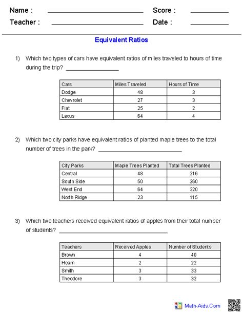 Equivalent Ratios Word Problems Worksheet