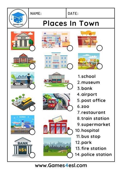 a printable place in town poster with pictures and words to describe the places that are located