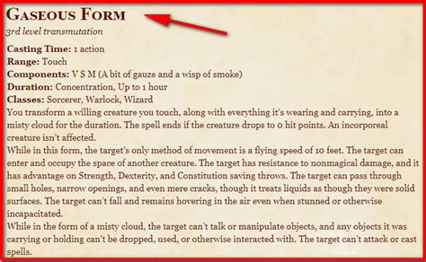 Gaseous Form 5E Spell In DnD - D&D 5e Character Sheets