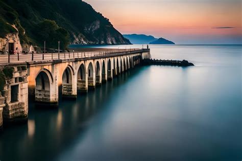 Premium AI Image | a sunset over a sea with a bridge and a boat in the water