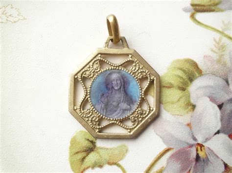 Vintage Religious Medals: Vintage Blue Enamel Sacred Heart Medal Charm