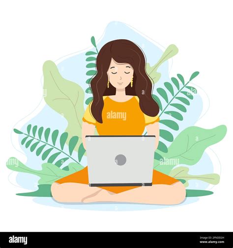 Woman with laptop sitting in nature and leaves. Concept illustration for working, freelancing ...