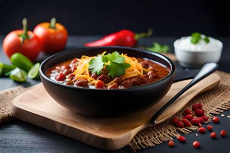 Premium AI Image | a bowl of chili with beans and beans on a table.