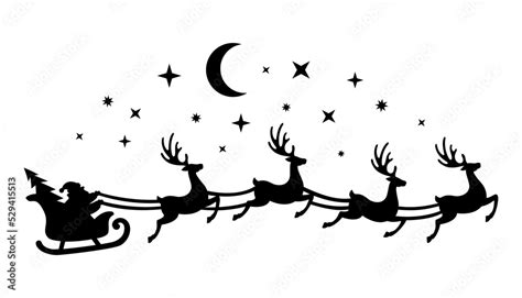 Santa's sleigh with reindeer flies across the sky.Vector silhouette ...