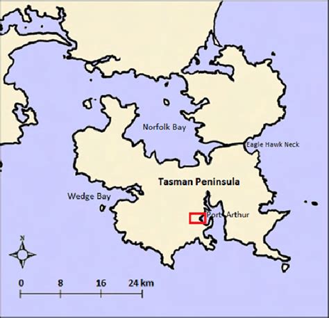 1: Location of the Tasman Peninsula. 2: Location of Port Arthur. | Download Scientific Diagram