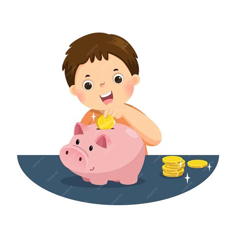 Premium Vector | Illustration cartoon of a little boy putting coin into piggy bank for saving ...