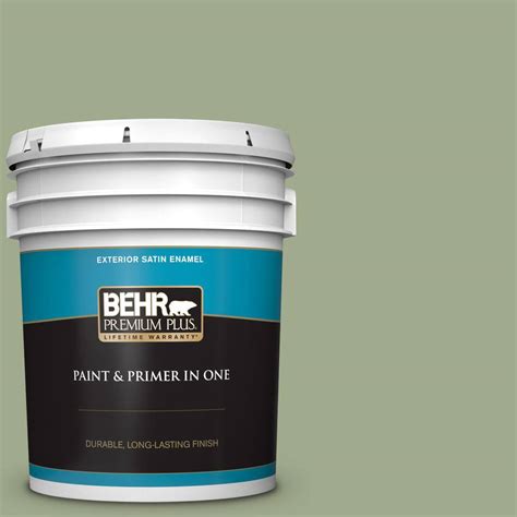 BEHR PREMIUM PLUS 5 gal. #PMD-36 Mountain Sage Satin Enamel Exterior Paint and Primer in One ...