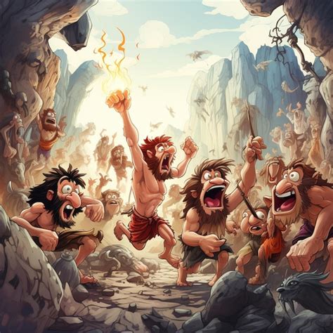 Premium AI Image | cartoon illustration of cave dwellers with fire in ...