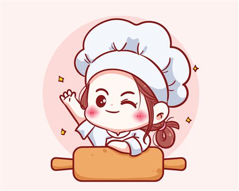 Cute chef girl in uniform character hold hand and smiling food restaurant logo cartoon art ...