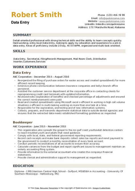 Data Entry Resume Samples | QwikResume