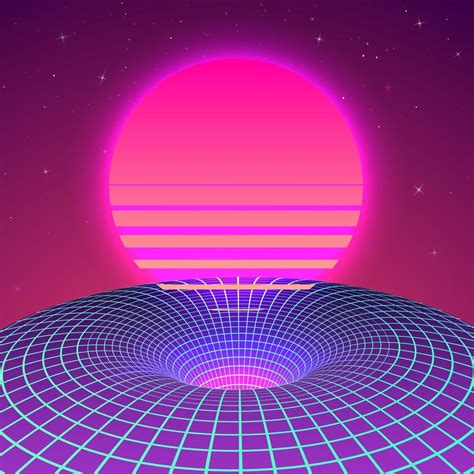 Warp space - Black Hole in neon colors by 80s. Background or cover for retrowave music style ...