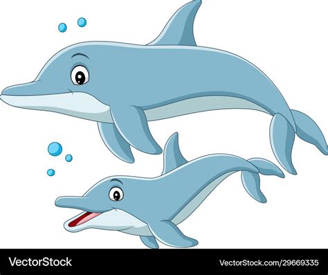 Cartoon mother dolphin swims with baby Royalty Free Vector