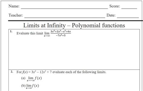 Limits at infinity - Polynomial functions. Worksheet by Teach Simple