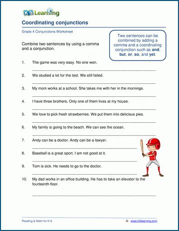 conjunctions worksheet grade 4