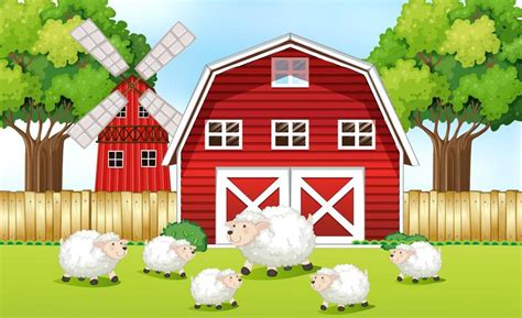 Sheeps in the farm with red barns 519900 Vector Art at Vecteezy