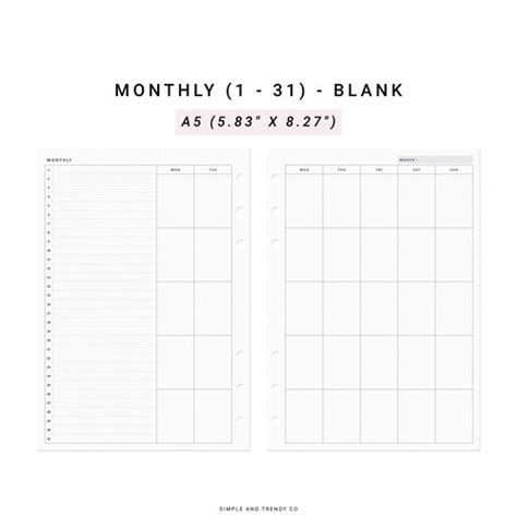 Monthly Planner Printable A5 Planner Inserts Undated Monthly - Etsy