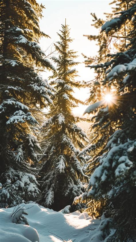 winter forest at sunset, snowy trees with sunlight, serene winter ...