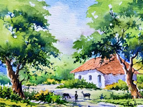 A small south Indian village! -sold in 2021 | Watercolor landscape paintings, Landscape drawings ...