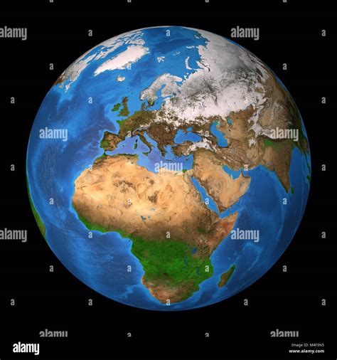 Realistic satellite view of planet Earth in high resolution, focused on Europe, Africa and Asia ...