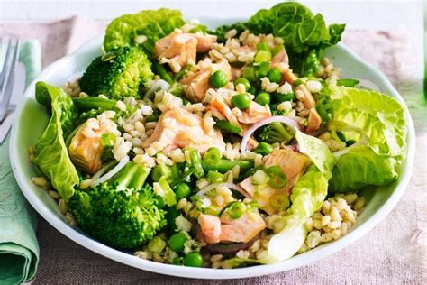 Spring pearl barley salad with ginger-poached salmon