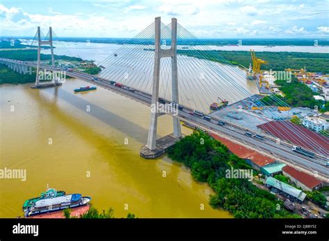 Drone view of Phu My bridge in Ho Chi Minh city, Vietnam. This is the ...