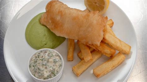 John Torode beer battered fish and chips with pea puree and tartare ...