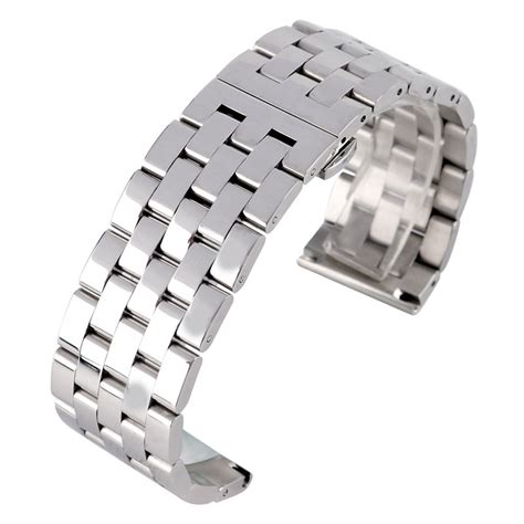 HQ 24mm 26mm Silver Stainless Steel Watch Bands Solid Link Watch Strap With Deployment Buckle ...