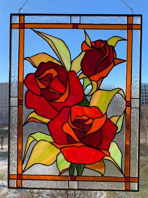 Roses stained glass panel Stained glass window hanging | Etsy