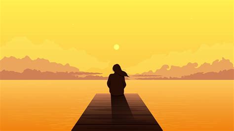 Lonely girl silhouette sitting on pier at sunset 1234015 Vector Art at ...