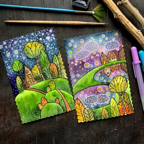 Night forest painting Miniature Original art Small Watercolo - Inspire Uplift