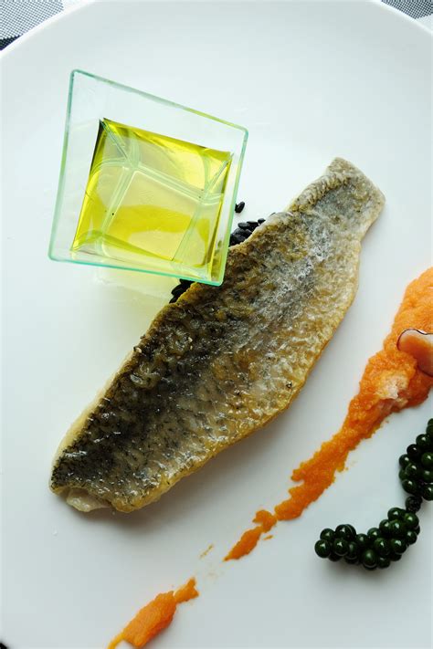 Sea Bass Fillet, Glutinous Rice, Carrot Purée & Aneth Infused Milk ...