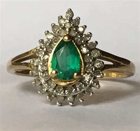 Antique Emerald Ring. Diamond Halo. 10K Gold. Natural Emerald. Unique Engagement Ring. Estate ...