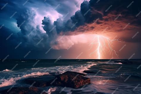 Premium AI Image | A lightning storm over the ocean with a dark sky and clouds