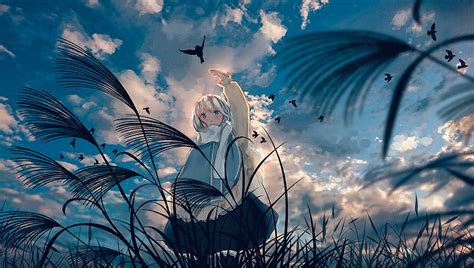 Cute anime girl, plants, anime landscape, clouds, bird, short hair ...