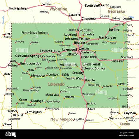 Map of Colorado. Shows country borders, urban areas, place names, roads ...