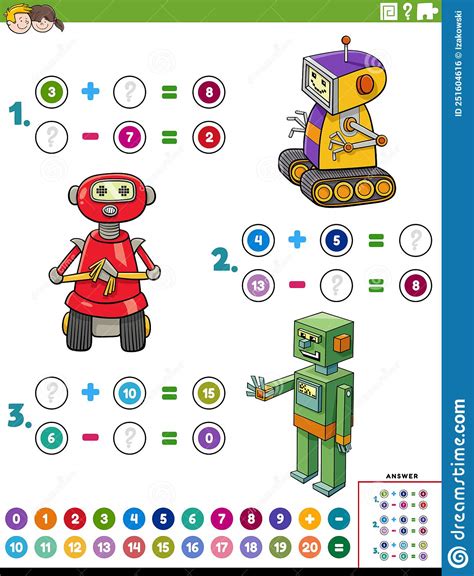 Addition and Subtraction Worksheet with Cartoon Robots Stock Vector ...