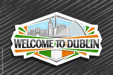 Vector logo for Dublin, white decorative sign with illustration of dublin city scape on day sky ...