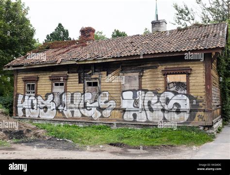 Ruined and graffiti covered buildings, in the former closed town of ...