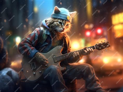 Premium AI Image | 4K ultra HD wallpaper of hipster cat wearing beanie hat playing guitar