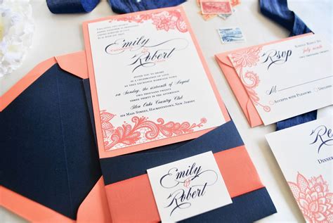 Navy Blue Coral Pocket Wedding Invitation Lace Pocket | Etsy | Coral wedding invitations, Pocket ...