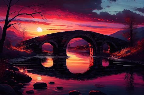 Premium AI Image | Sunset over stone bridge with colorful sky and water