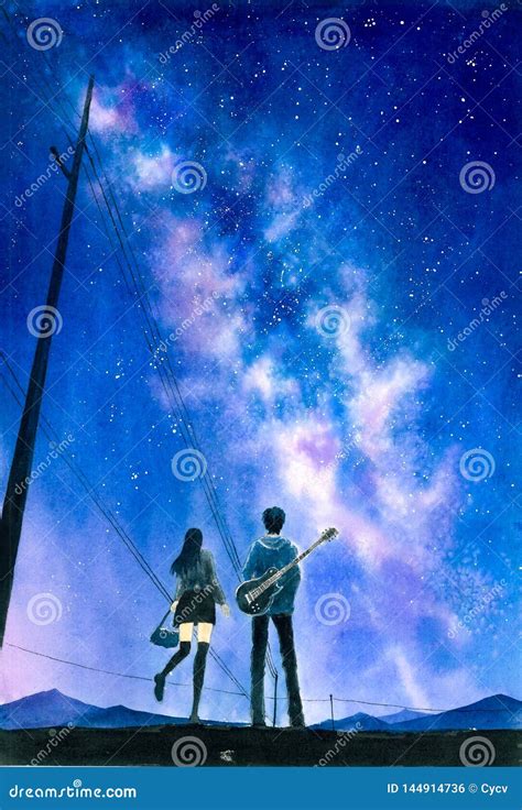 Watercolor Painting - Couple Under Starry Night Sky Stock Illustration ...