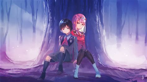 darling in the franxx zero two hiro sitting in front of tree with shallow background of trees hd ...