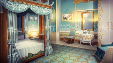 an image of a bedroom with blue walls and gold trimmings on the bed